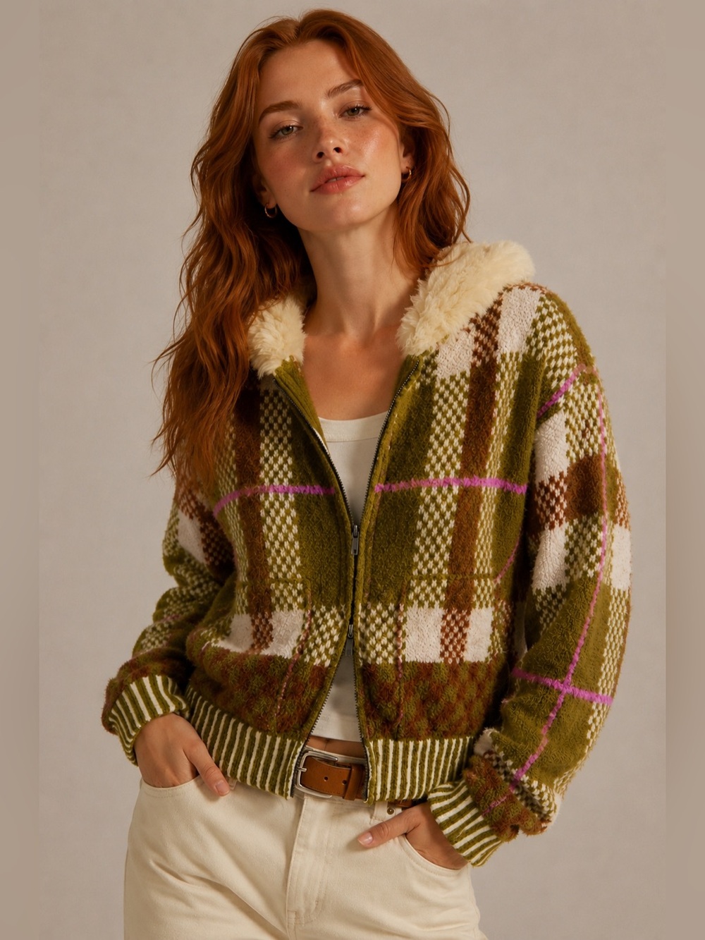 FREE PEOPLE Plaid Teddy Jacket Faux Fur Hood Olive Brown Pink XS